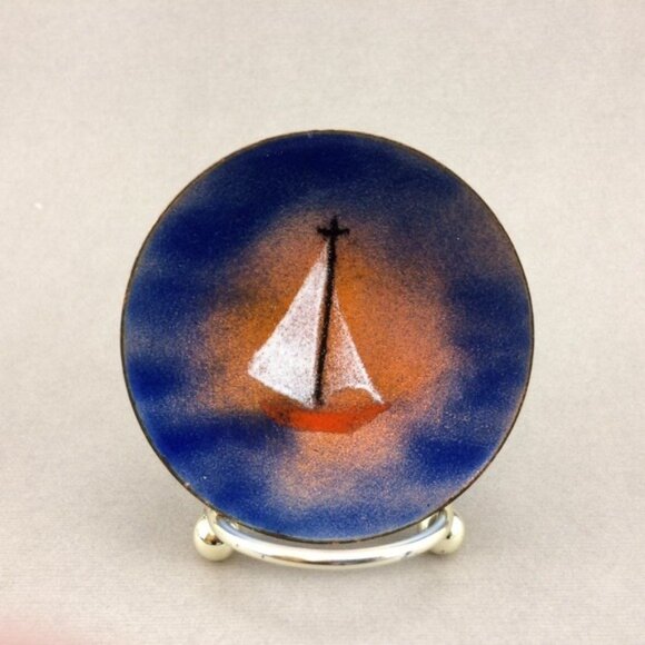 Small Enamel on Copper Sailboat Plate Trinket Dish Artisan Made Nautical Signed - Picture 1 of 16